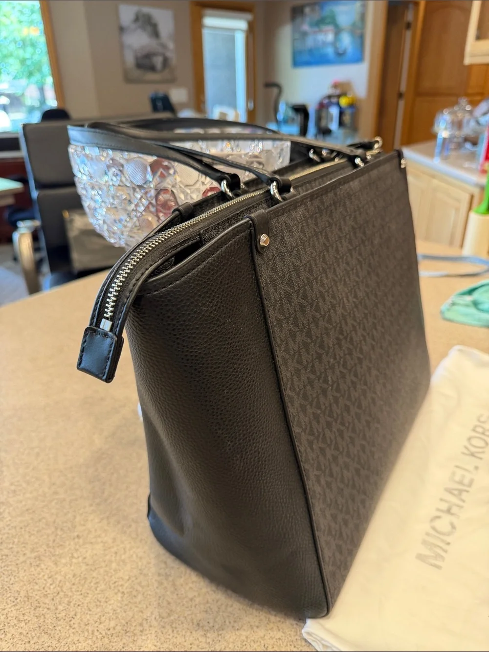 Michael Kors Black Tote with Silver Accents and Logo Print